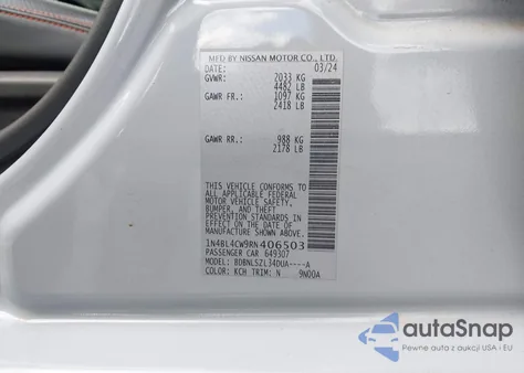 2024 Nissan Altima Sr Intelligent Awd from USA, damaged, VIN 1N4BL4CW9RN406503